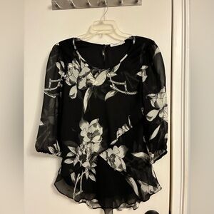 Tahari Black and White Floral Blouse